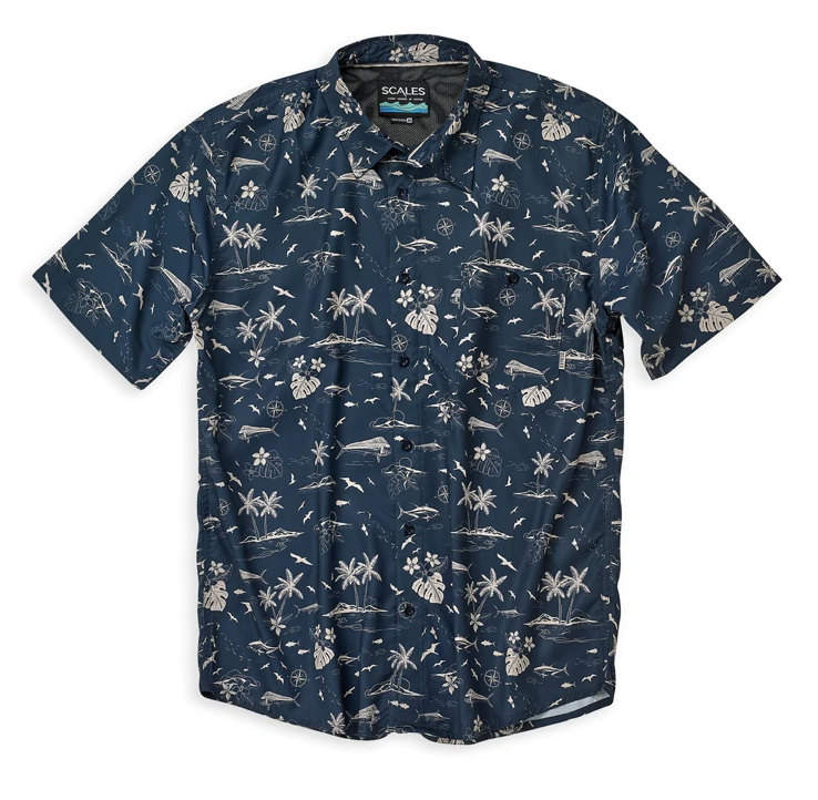 Scales - Men's Short Sleeve Tech Button Down Shirt, Never A Tourist