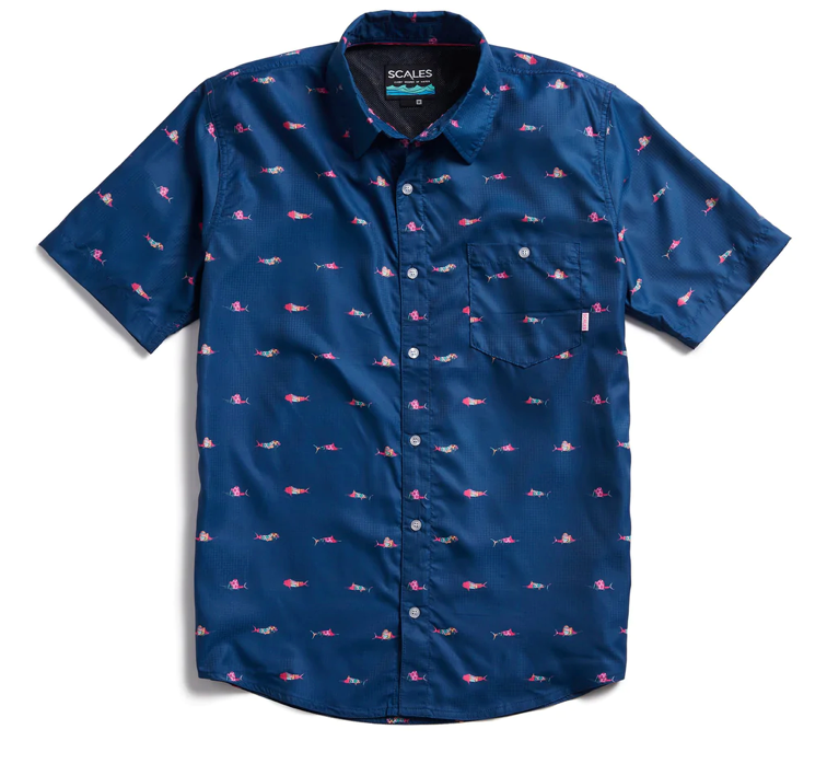 Scales - Men's Short Sleeve Tech Button Down Shirt, Trippy Fish