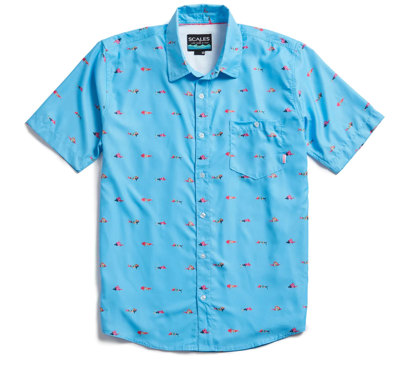 Scales - Men's Short Sleeve Tech Button Down Shirt, Trippy Fish