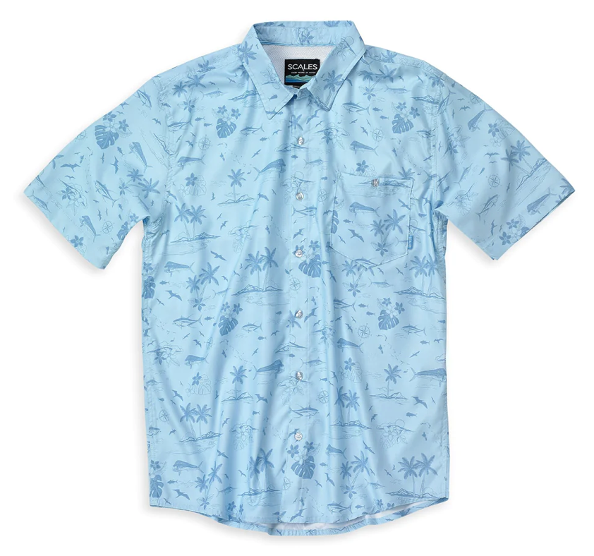 Scales - Men's Short Sleeve Tech Button Down Shirt, Never A Tourist