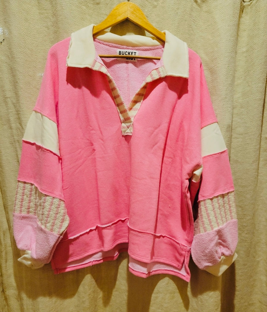 French Terry Pink Color Block Top