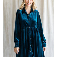 Velvet Teal Button Up Dress