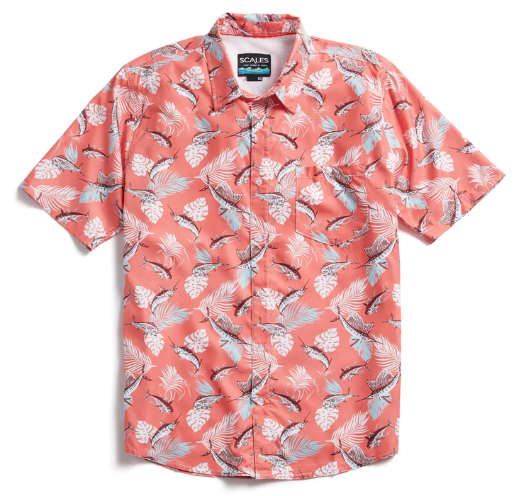 Scales - Men's Short Sleeve Tech Button Down Shirt, Tropical Slam