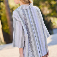 Pleated 3/4 Sleeve Striped Shirt