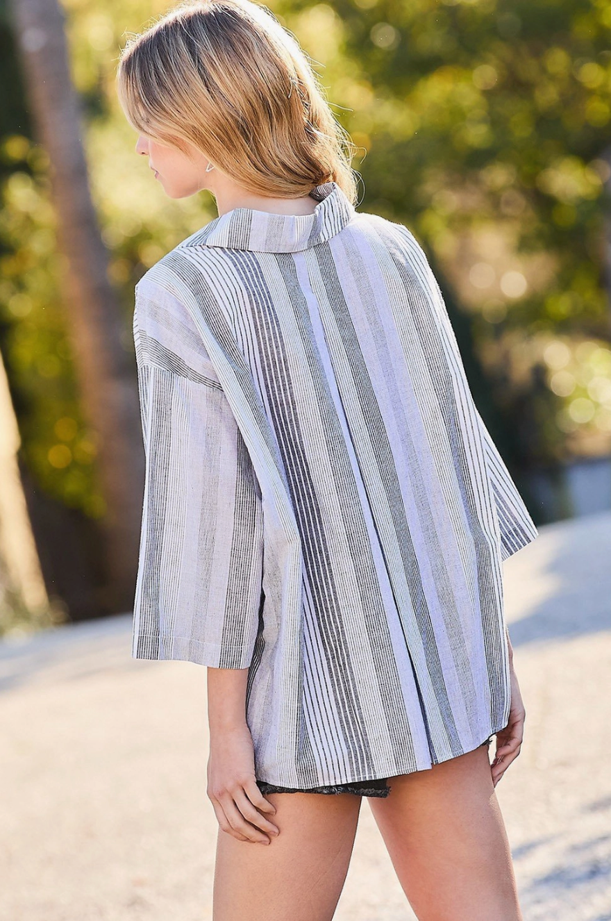 Pleated 3/4 Sleeve Striped Shirt